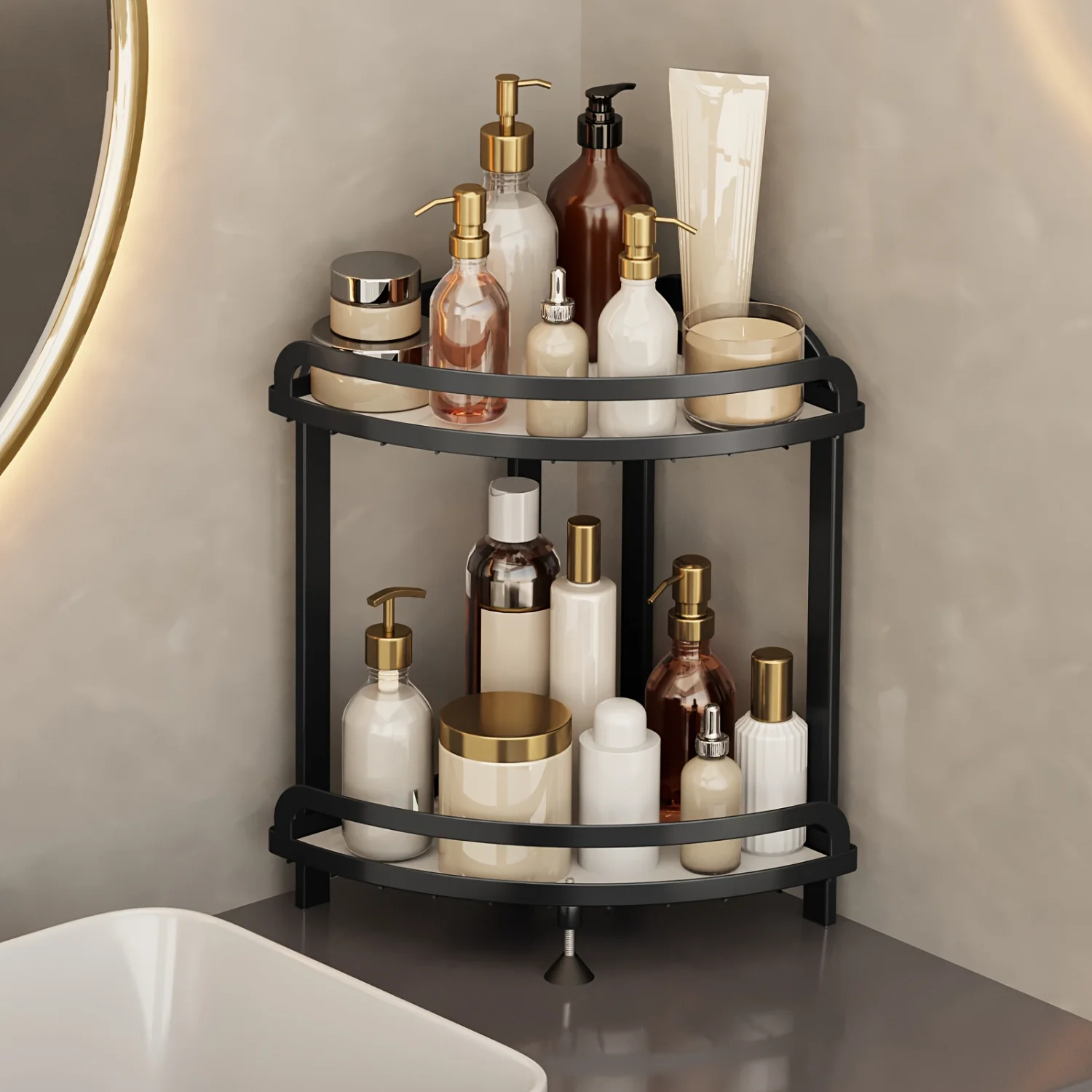 1pc 2-Tier Metal Bathroom Countertop Organizer, Triangular Multifunctional Corner  Rack, Space-Saving Shelf For Toiletries & Cos