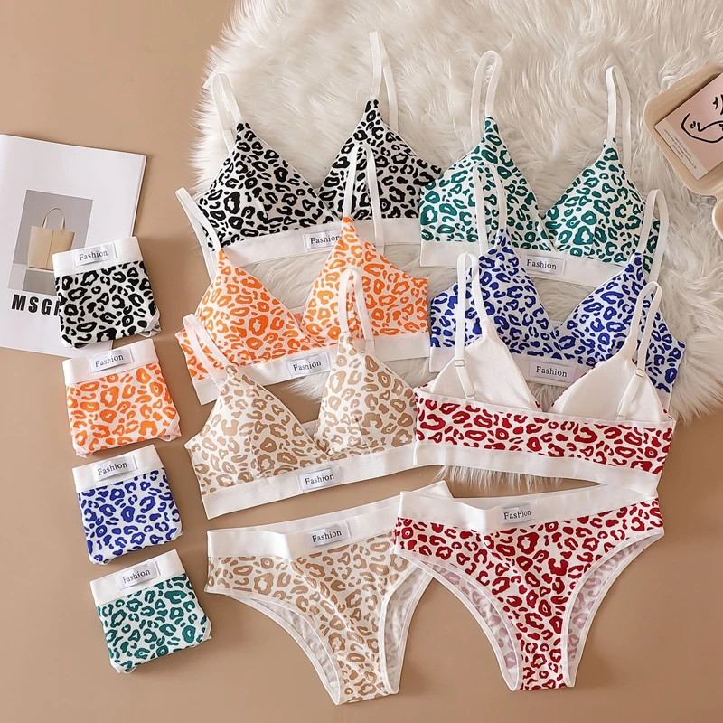 Women Seamless Sexy Bra Set Low Waist Panties Leopard Bralette Lingerie Vneck Sport Brassiere Female Cotton Intimate Underwear