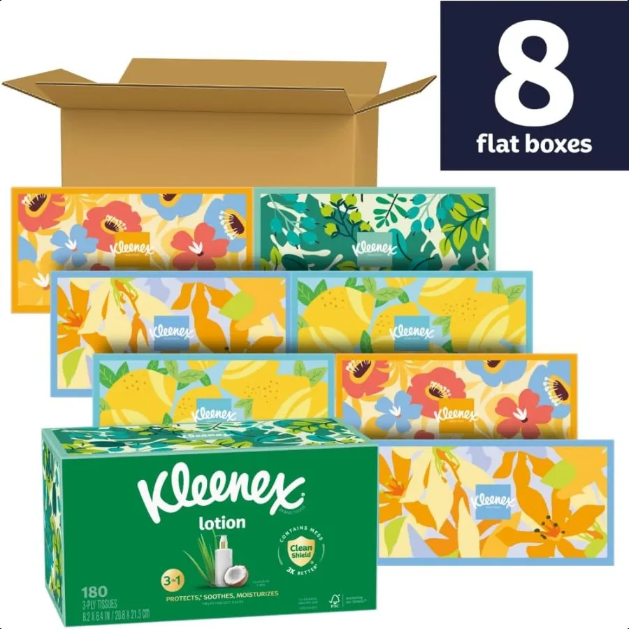 Kleenex Loción Pañuelos faciales con aceite de coco 8 cajas planas 180 pañuelos por caja 3 capas