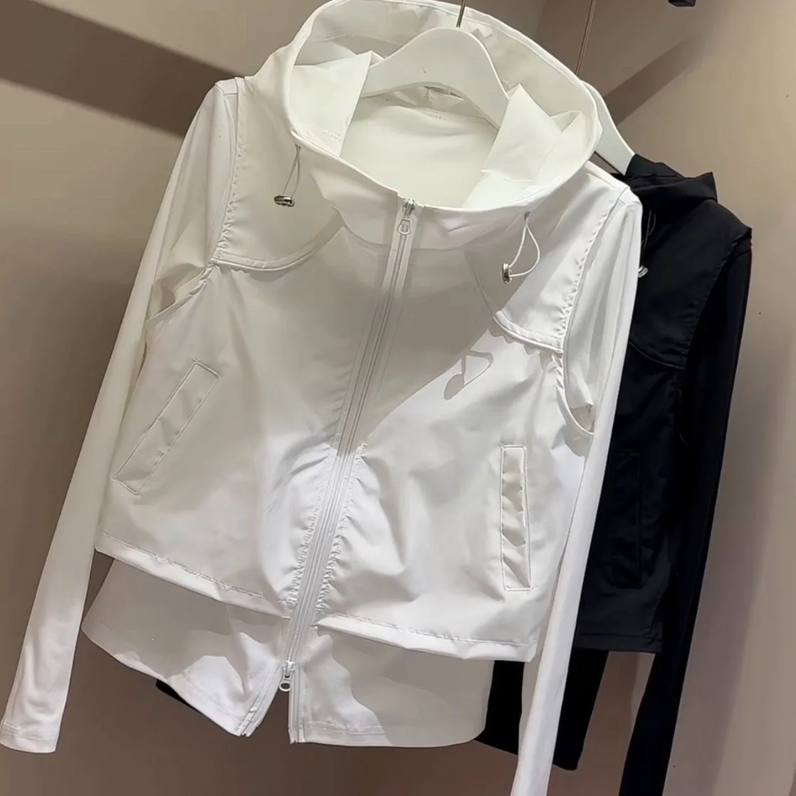 Women's 2-In-1 Hooded Jacket, Zip-Up Cropped Vest with Long Sleeve Base Layer, Quick-Dry Lightweight Sun Protection Coat
