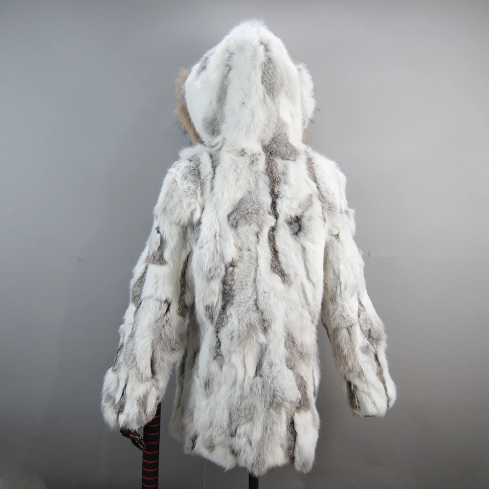 New Style Real Fur Coat Winter Jacket Women Long Rabbit Fur Jacket Windproof Big Natural Raccoon Fur Collar Hood Thick Warm Coat