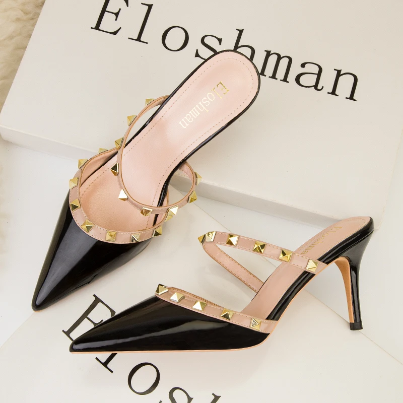 Women Summer High Heels Mules Slippers Ladies Pointed To Sexy Rivets Outside Shoes Woman Fashion Sandals Zapatos Mujer