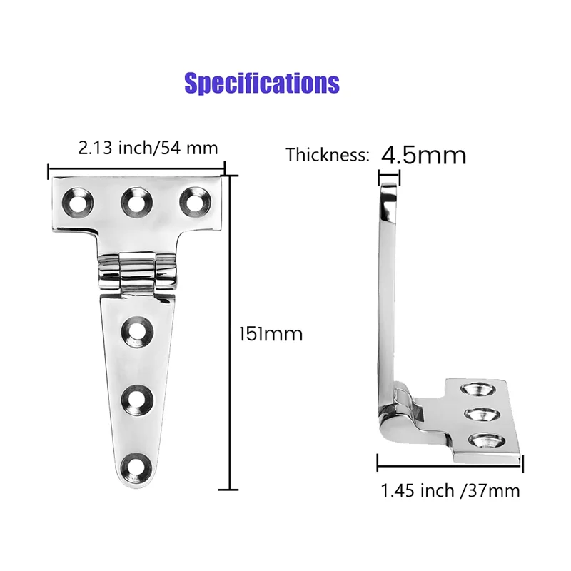 Marine Grade T Hinges, Boat Hinges, 6 Inch x 3 Inches, No Noise, Heavy Duty 316 Stainless Steel with Screws (2 PCS)