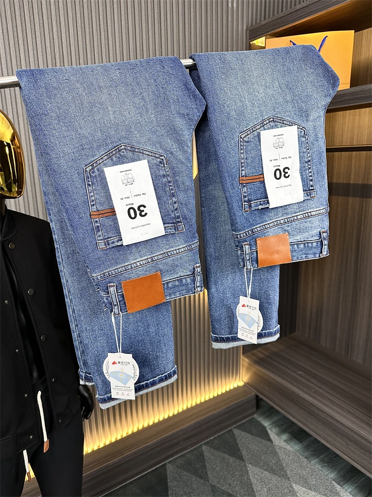 

Высококачественные мужские джинсы из потертого волокна, эластичные джинсы со средней талией, свободные прямые брюки, осень-зима, обычные тонкие длинные брюки