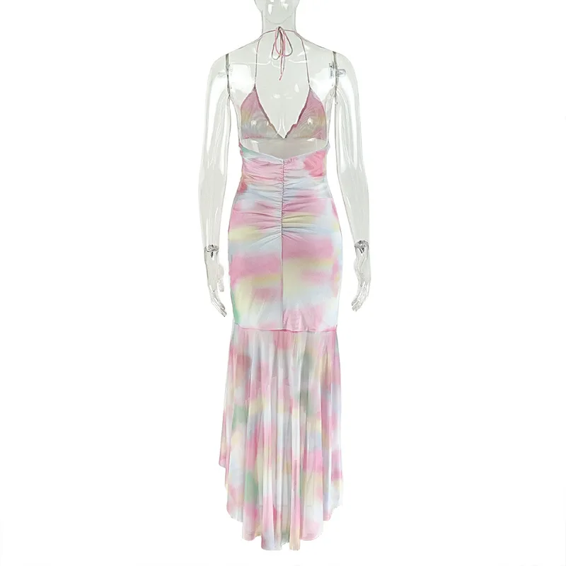 Elegante senhora tie dye impresso maxi vestido 2025 verão feminino halter sem costas bodycon sexy clube festa praia drapeado plissado vestidos