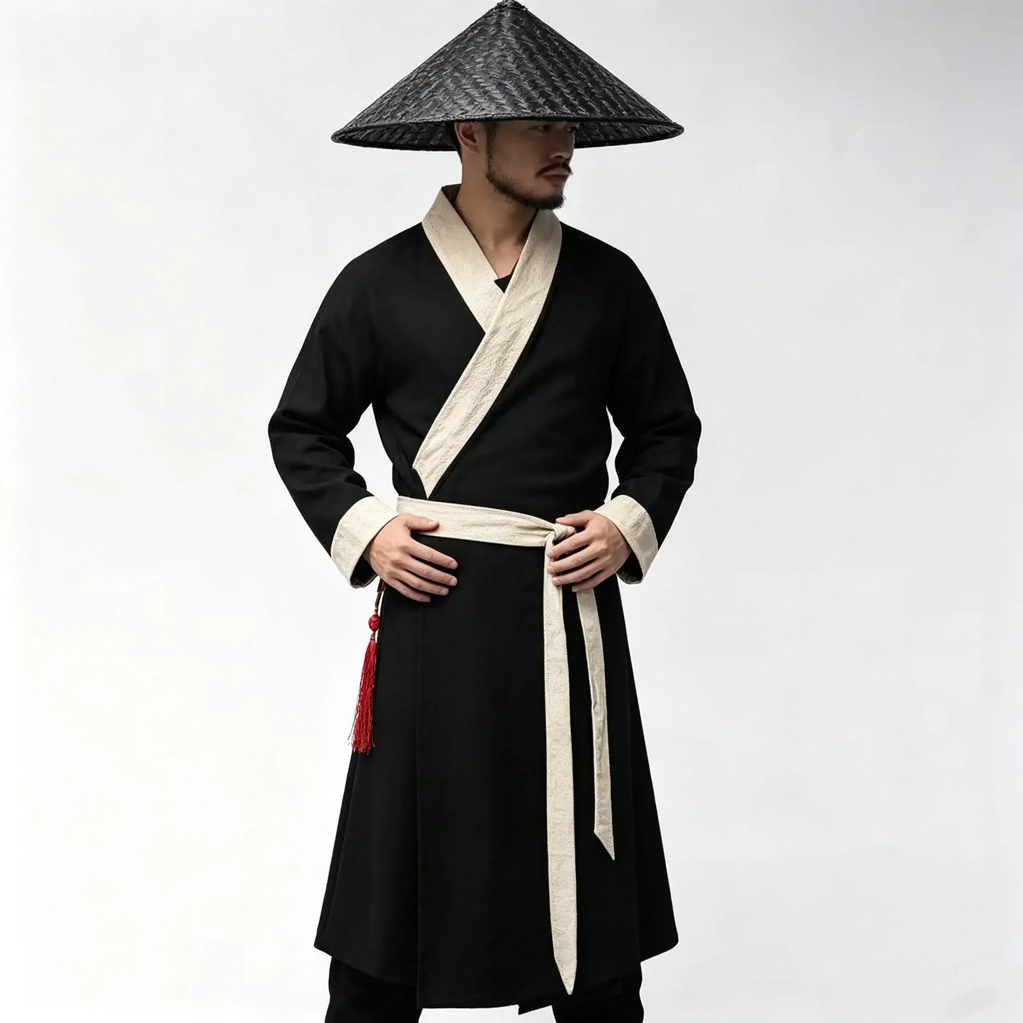 Men Black Ancient Warrior Robe White Cross Collar Belted Long Coat Oriental Knight Costume with Tassel for Cosplay Party view 4