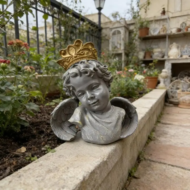 Wetterbeständige Engelskopf-Statue aus Kunstharz mit goldgekrönter, antiker Gartendekoration für den Innen- und Außenbereich – Detail 8