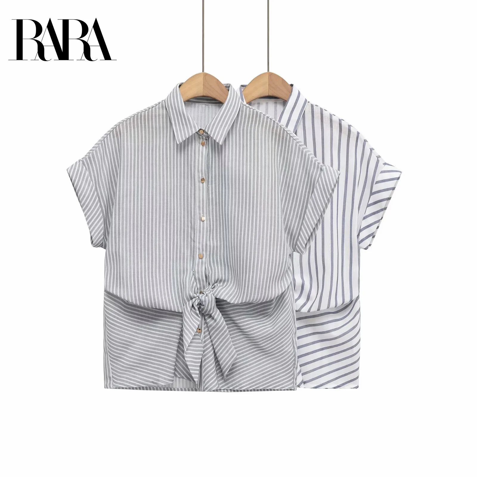 

RARA2025 new summer women's casual fashion comfortable simple knot striped lapel short-sleeved shirt top