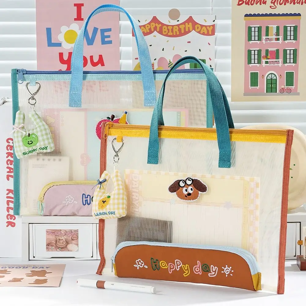 Kawaii Mesh Document Bag Clear Visible Handheld File Bag with Pencil Case File Document Pouch School Office - view 3