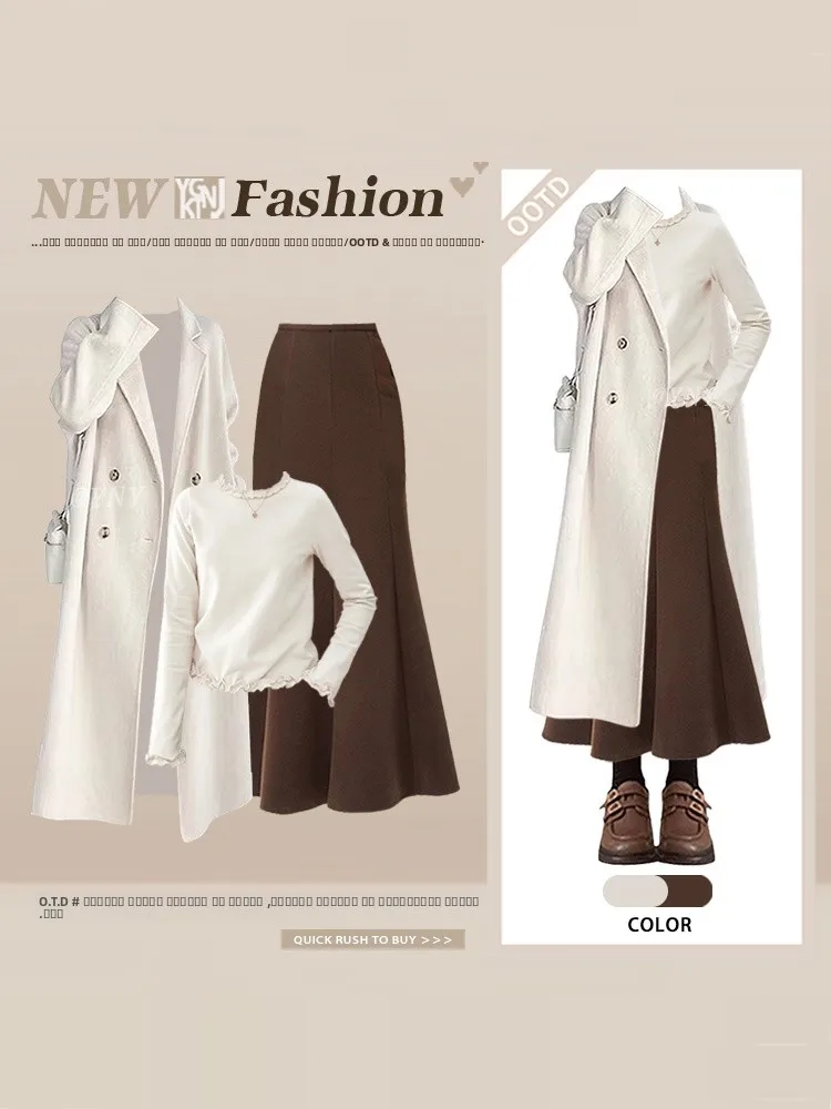 

Ele Winter Faion Set Women's High Waist Fi Tail Skirt Long Sve Base irt Tee Piece Suite Simple Sli Ensemble