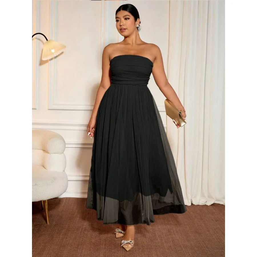 

【New style】Cravure Plus Size Women's Apricot Sleeveless Ruched Waist Elegant Midi Dress With Mesh Overlay, Suitable For Dates,