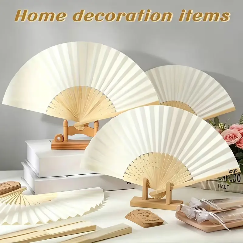 Personalized Custom Logo Text, Laser-Engraved Names and Dates, Blank DIY Bamboo Folding Fan Set, Wedding Favors, Hand-Painted White Paper Fans with Gauze Bags and Tags, Suitable for Pre-Wedding Party Souvenirs, Wedding Ceremony Handheld Fans, Wedding Reception Table Centerpieces, Holiday Photography Props