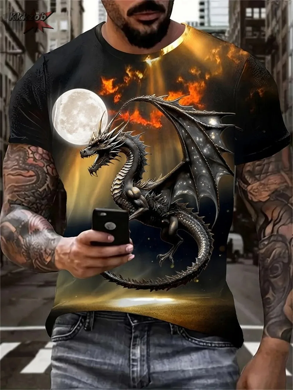 

Хит продаж: Модная уличная футболка с 3D-принтом «Полнолуние и ужасающий доминирующий дракон», с круглым вырезом