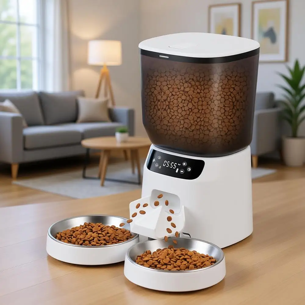 

5L/20 Cups Double Automatic Cat Food Dispenser with 2 Stainless Steel Bowls, Timer Setting 20 Portions 6 Meals Per Day, 10s Meal