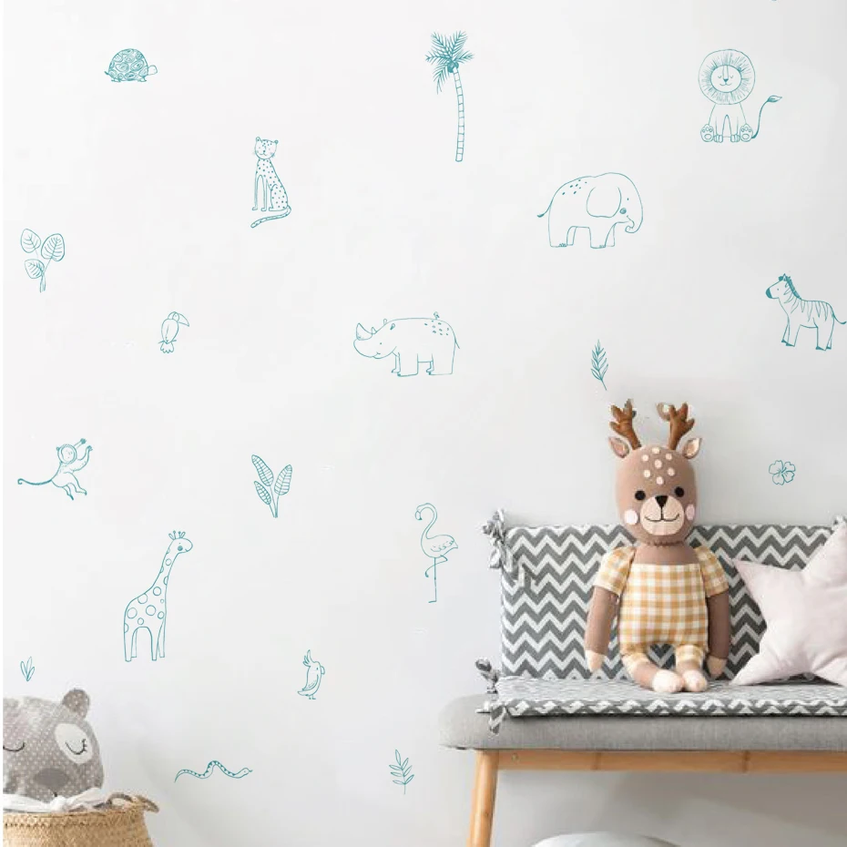 Cartoon Boho Animals Elephant Giraffe Wall Stickers for Kids Room Baby Nursery Room Wall Decals Bedroom Home Decorative Sticker