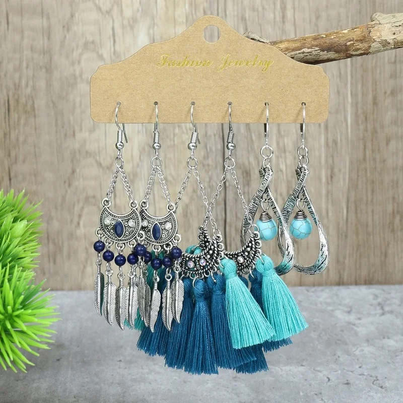 Bohemian Retro Tassel Earrings Set Women's Long Holiday Ethnic Style Hanging Earrings Geometry Metal Earrings Indian Jewelry