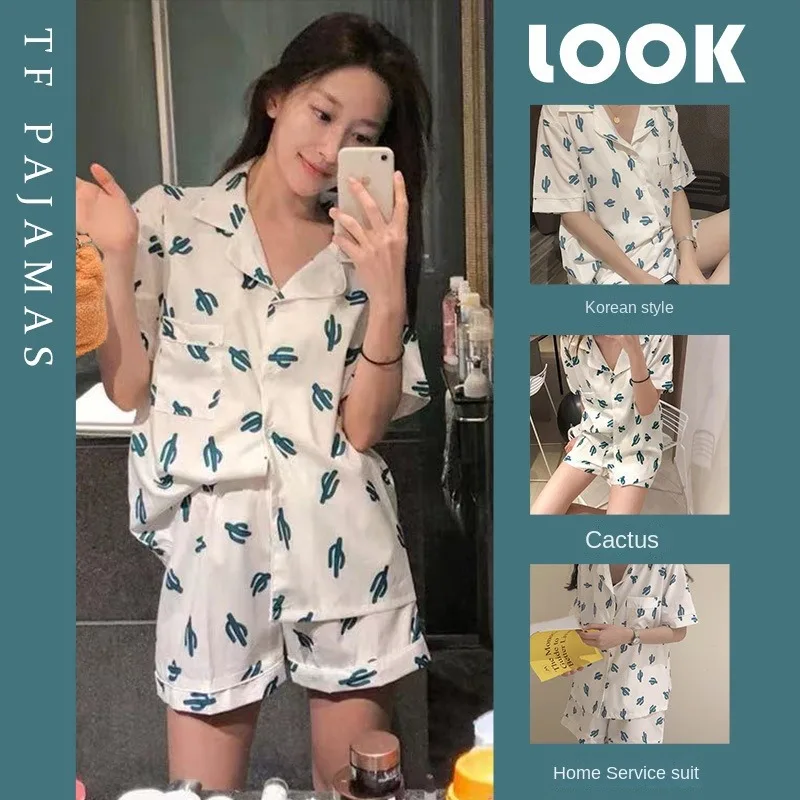 Women's Plus Size Pajamas Cactus Short Sleeve Shorts Student Sleepwear Loungewear Cardigan White Girl Nightwear Homewear Durable