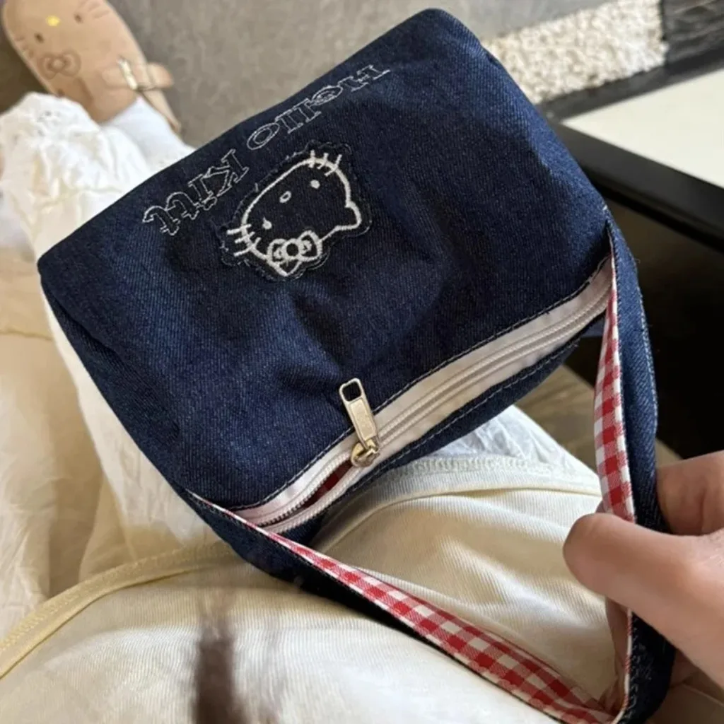 Sanrio Hello Kitty Embroidery Denim Cosmetic Bags Anime Handbags Cartoon Tote Large Capacity Clutch Bag Travel Organizer Satchel