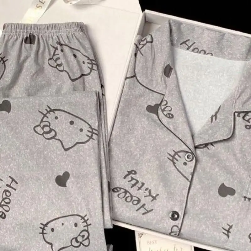 

Пижамы Sanrio Hello Kitty из мягкого хлопка для женщин, весенне-осенний сезон, новый стиль, серый цвет, с длинными рукавами, с героями мультфильмов, удобная, милая одежда для сна