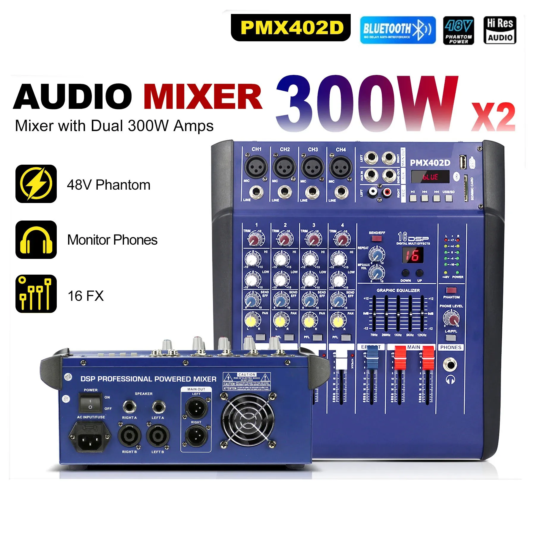 4/6/8/10/12CH Powered Mixer 2x300W Bluetooth 16 DSP Effects 48V Phantom Power 2-Band EQ Live Streaming Karaoke Church view 2