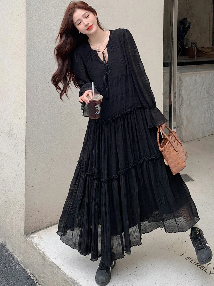 loose fitting chiffon dresses Bohemian Style Unique Printed Chiffon Loose-fitting Belted Maxi Dress, Wine Red / L