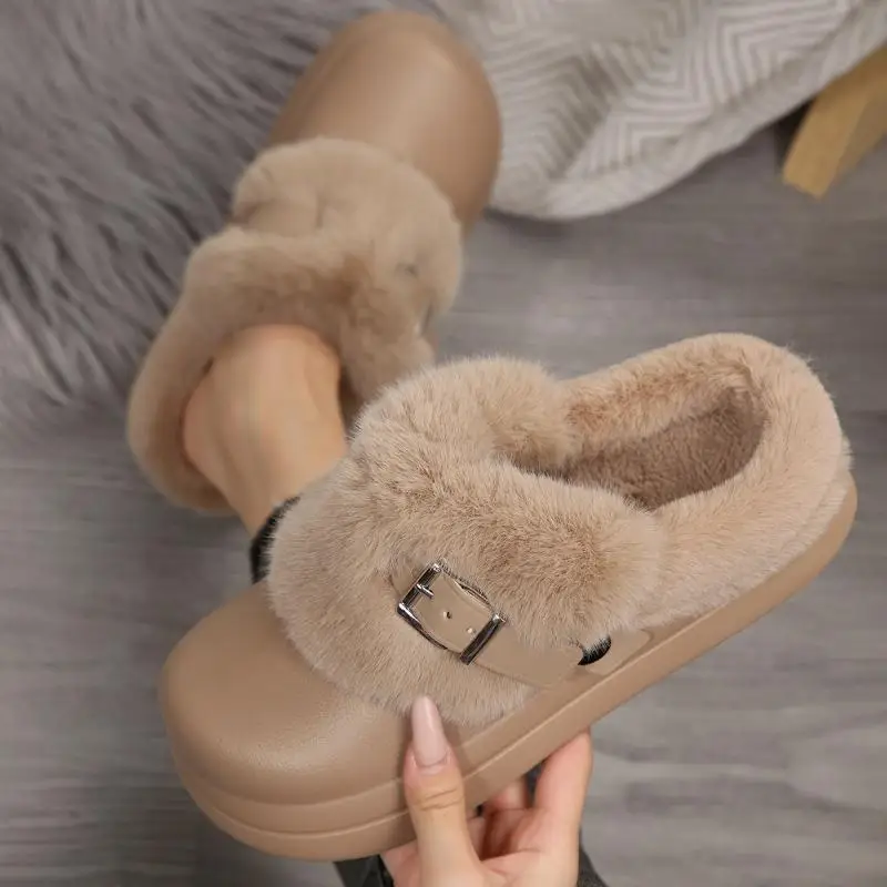 Wasserdichte EVA-Hausschuhe mit dicker Sohle und Fellbesatz für Damen, Winter 2026, mit Metallschnalle, flauschige Fell-Clogs, warme Plüsch-Hausschuhe für Frauen – Detail 3