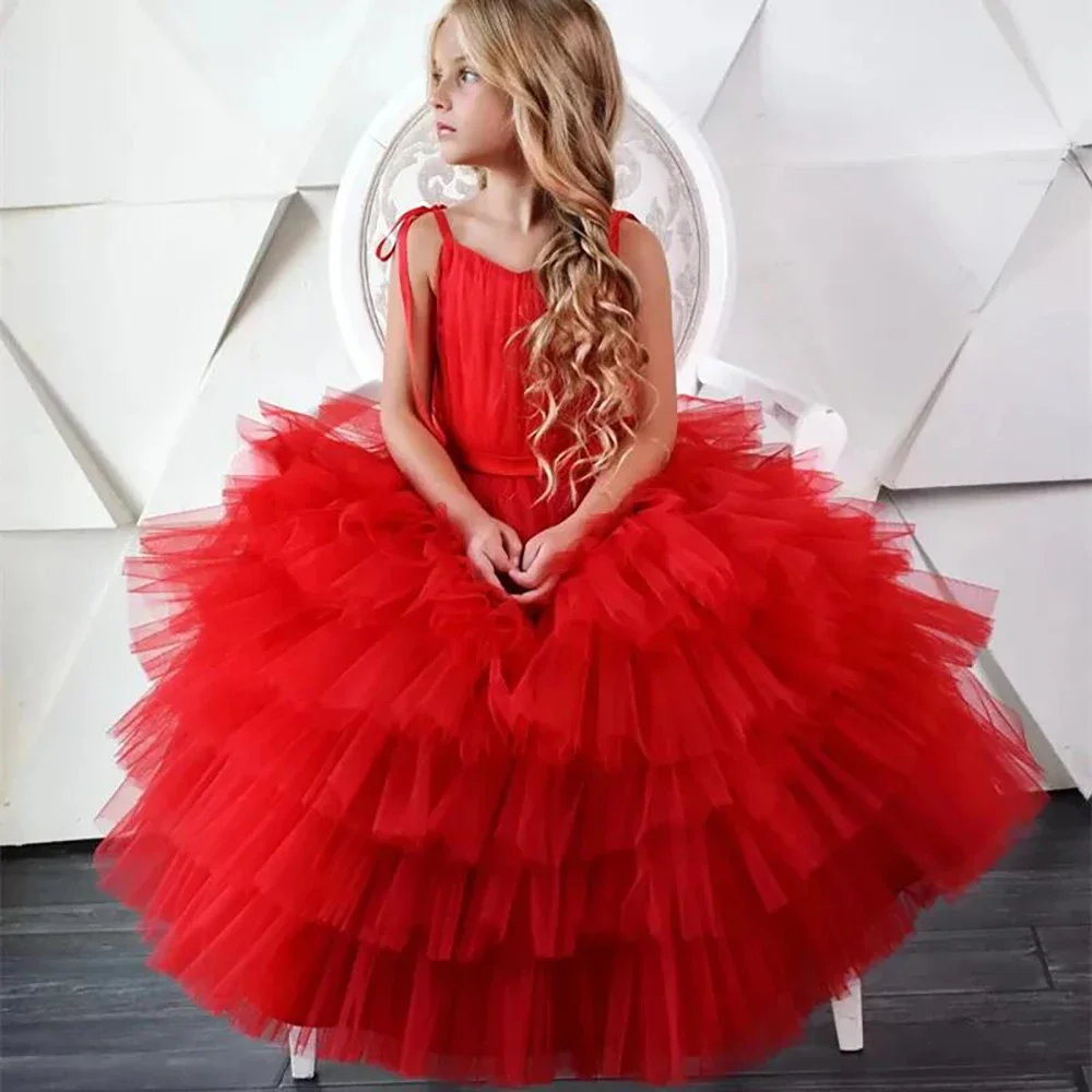 

Red Tiered Mother and Daughter Dresses Floor Length Formal Party Flower Girls' Dress Zipper Back Robe De Soiree