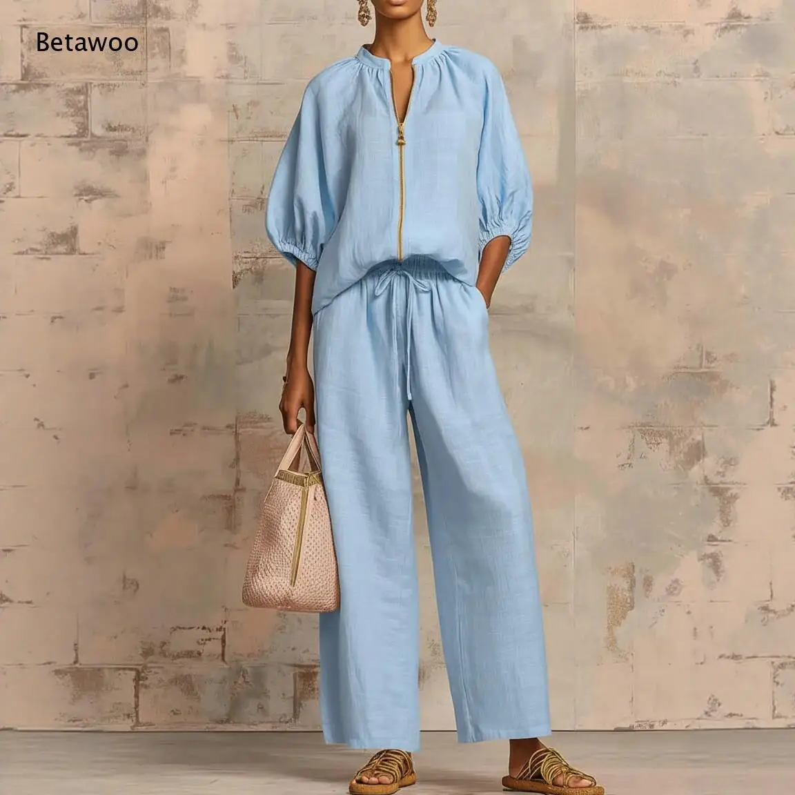Zip Bubble Three Quarter Sleeve Blouse Drawstring Waist Wide Leg Trousers Two Piece Set Side Pocket Pants Relaxed Silhouette