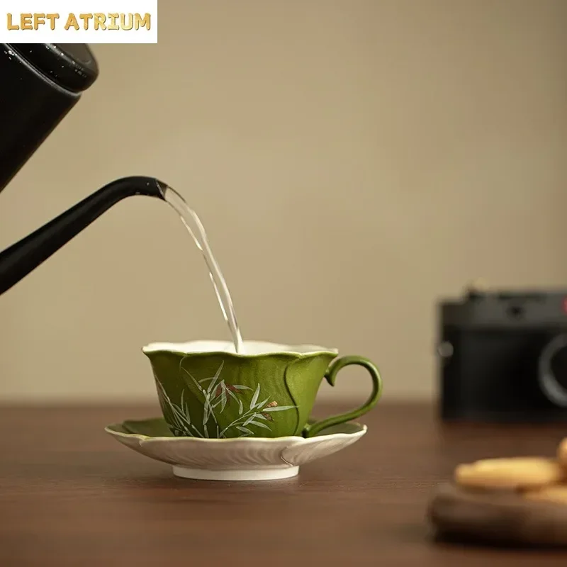 150ML Jingdezhen Hand-painted Matcha Bamboo Shadow Gold TeaCup Coffee Cup with Bottom Support Set Exquisite Afternoon Tea TeaCup