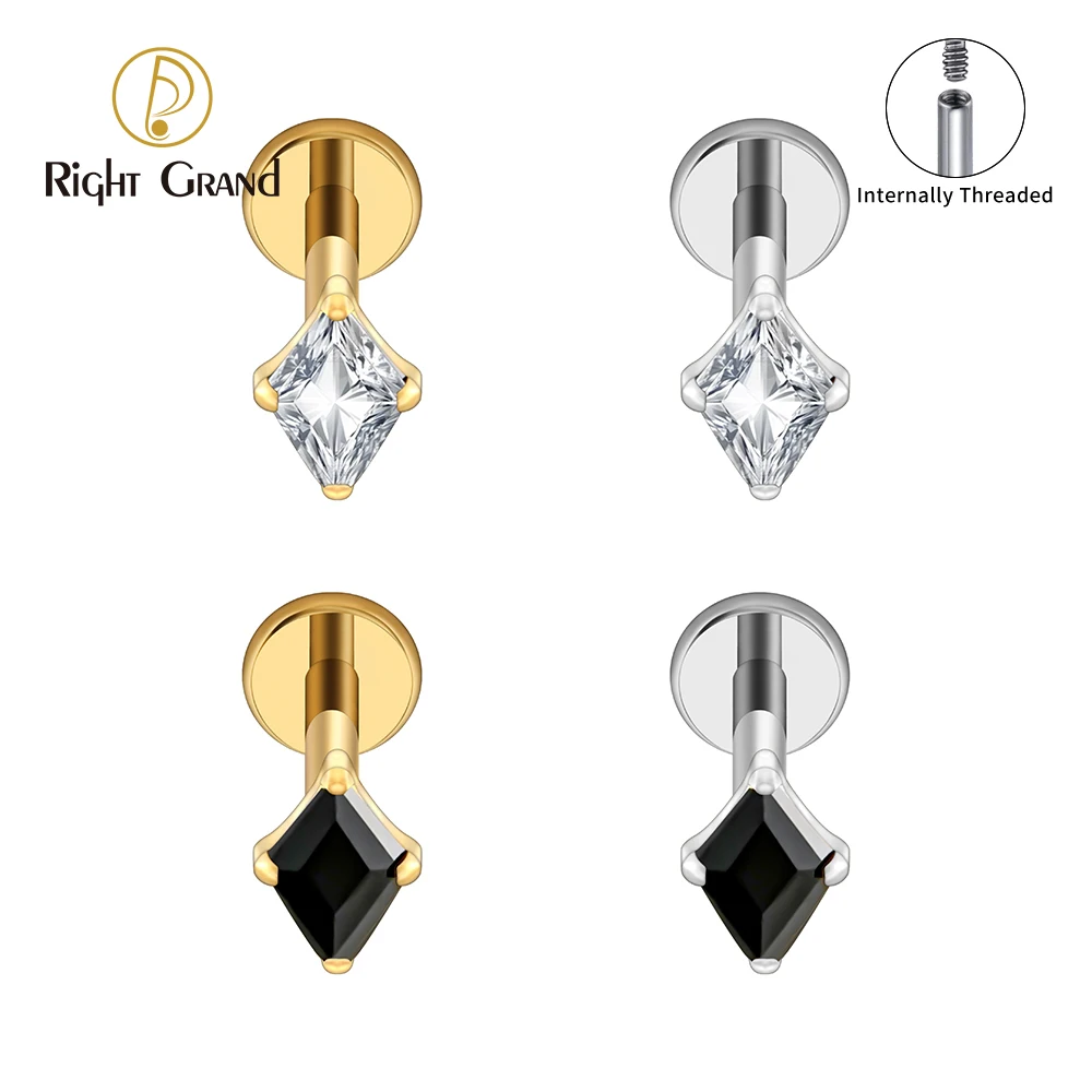Right Grand ASTM F136 Titanium Rhombus CZ Internally Threaded Labret Stud 16G Flat Back Earring Cartilage Tragus Helix Nose Stud Medusa Piercing Jewelry