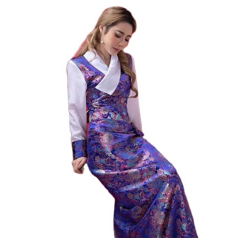 

Tibetan Cheongsam Robe Traditional Ethnic Clothing For Women Embroidered Gown Spring Autumn Oriental Costume