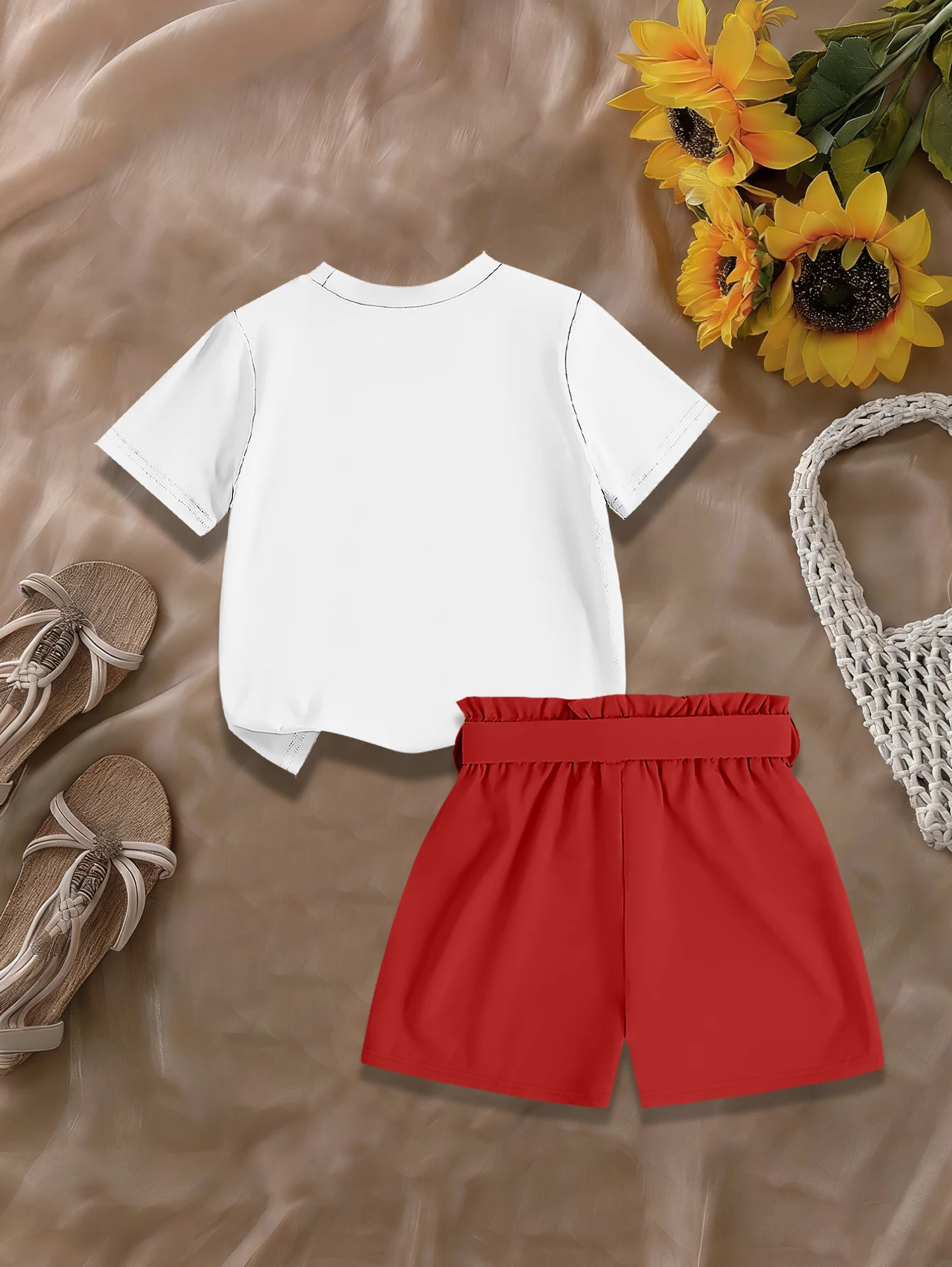 2 pieces: Girls Summer Cute T-shirt Shorts Set Cartoon Strawberry Bow Woven