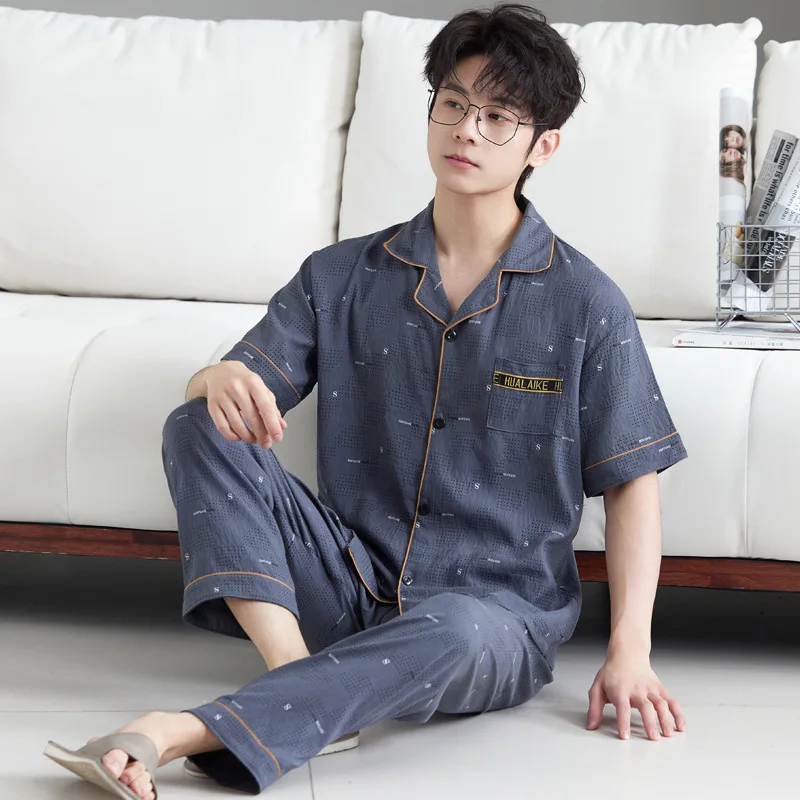 Men's Retro Comfortable Pajamas Spring and Fall New Short Sleeved Pants Set Student Casual Sleepwear Homewear Loungewear