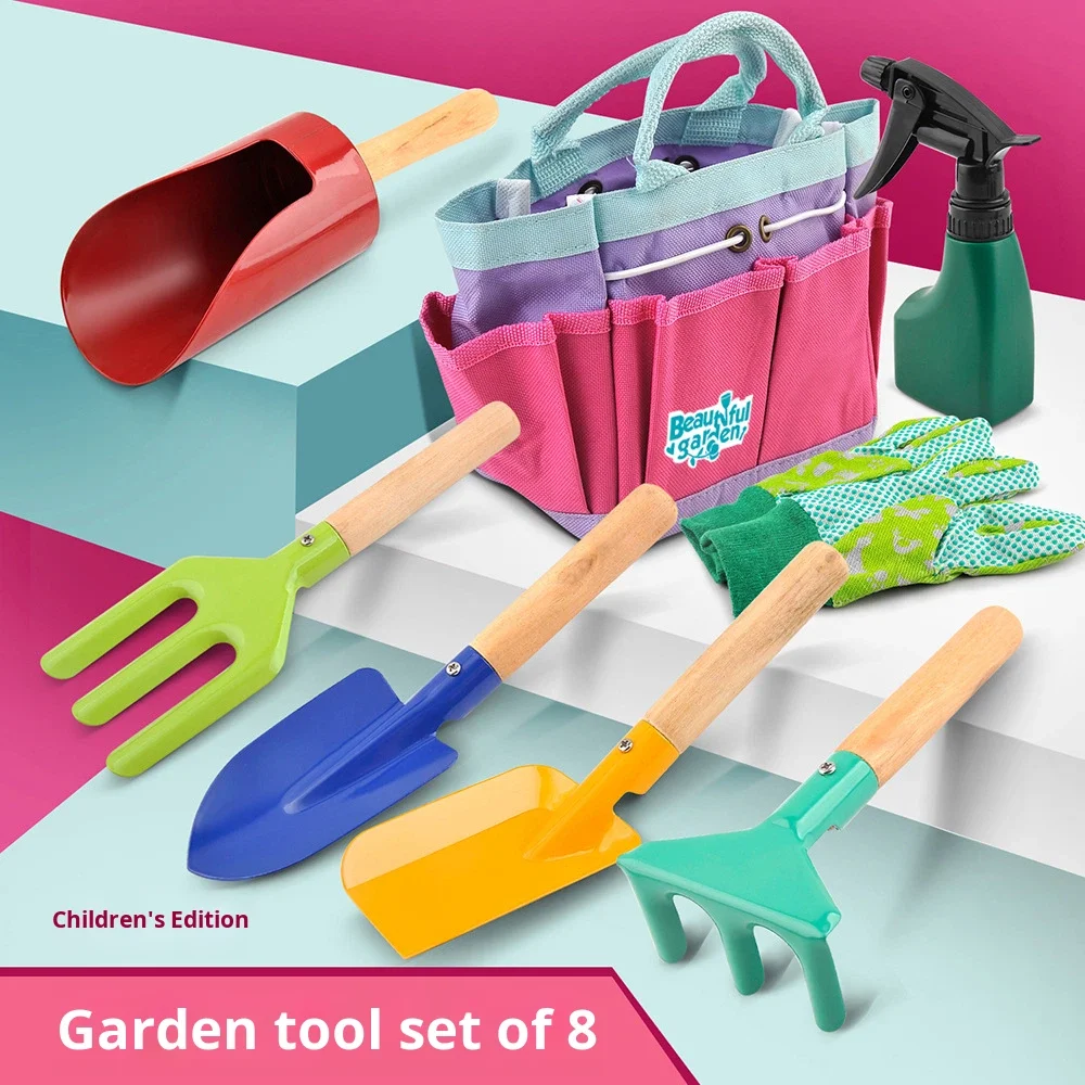 8-Piece Durable Modern Gardening Hand Tools Kit Iron Painted Wooden Handle Spade Rake Bag For Flowers Vegetables