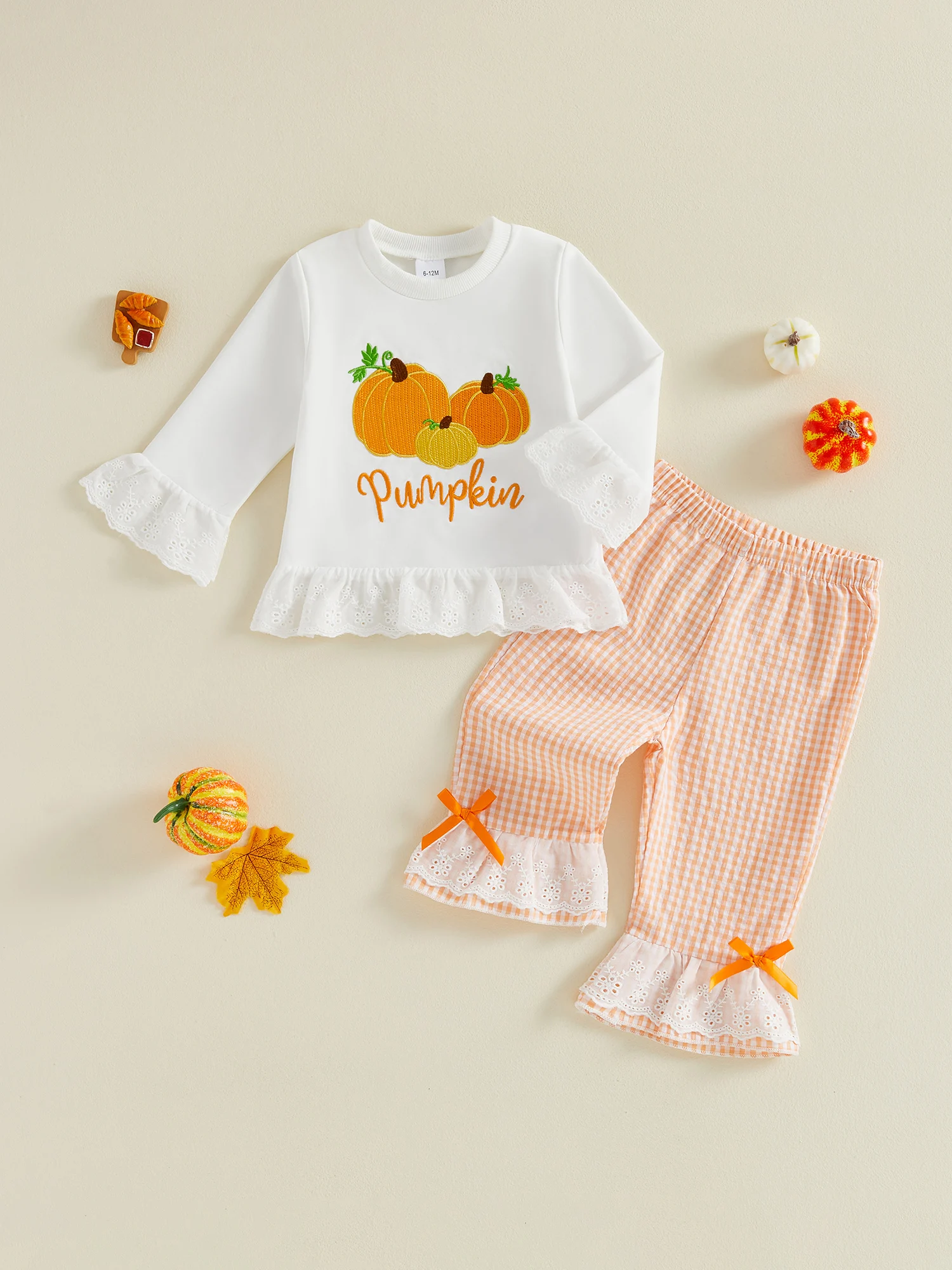 2 Piece Fall Piece Embroidered Girl Halloween Outfit Trim Long Sleeve Pumpkin Set Premium Toddler Baby Girl