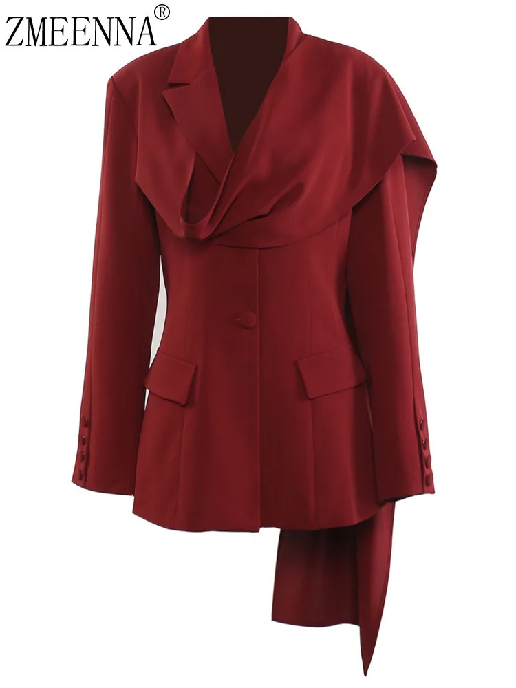 

ZMEENNA 2025 Women's Elegant Maroon Blazer With Draped Collar And Asymmetrical Design Featuring Long Sleeves Fashion ZM654