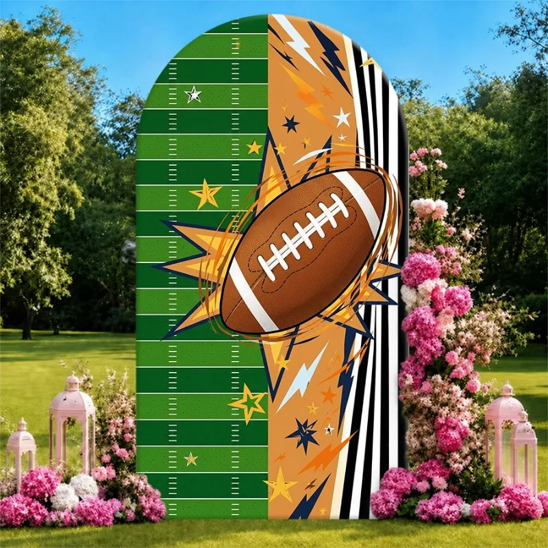 

Single Side Arch Backdrop Cover Football Field Theme Backdrop for Party Decorations Featuring Green Yard Lines Orange Explosion