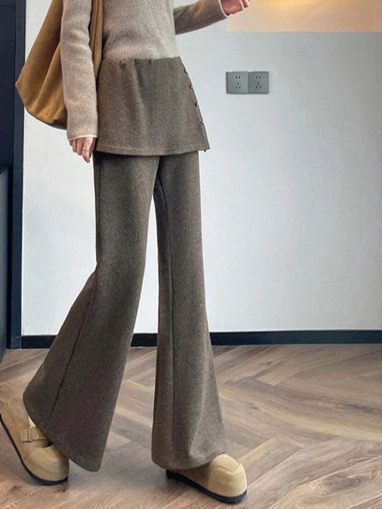 2025 خريف جديد كسول نمط ركاب تنوعا انفصال ضرطة الستار سراويل تقليدية قطرة الصوف بنطال ذو قصة أرجل واسعة للنساء
