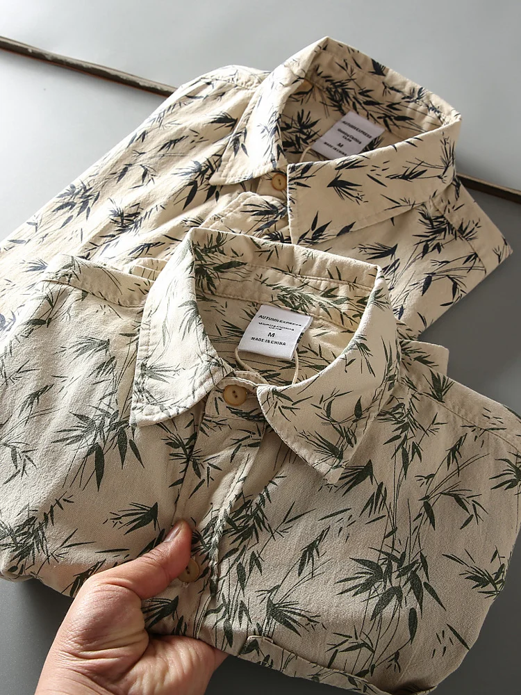 

Мужская повседневная рубашка из чистого хлопка с длинным рукавом, весенняя новинка, американский тренд, с принтом бамбукового узора, свободный крой, на пуговицах