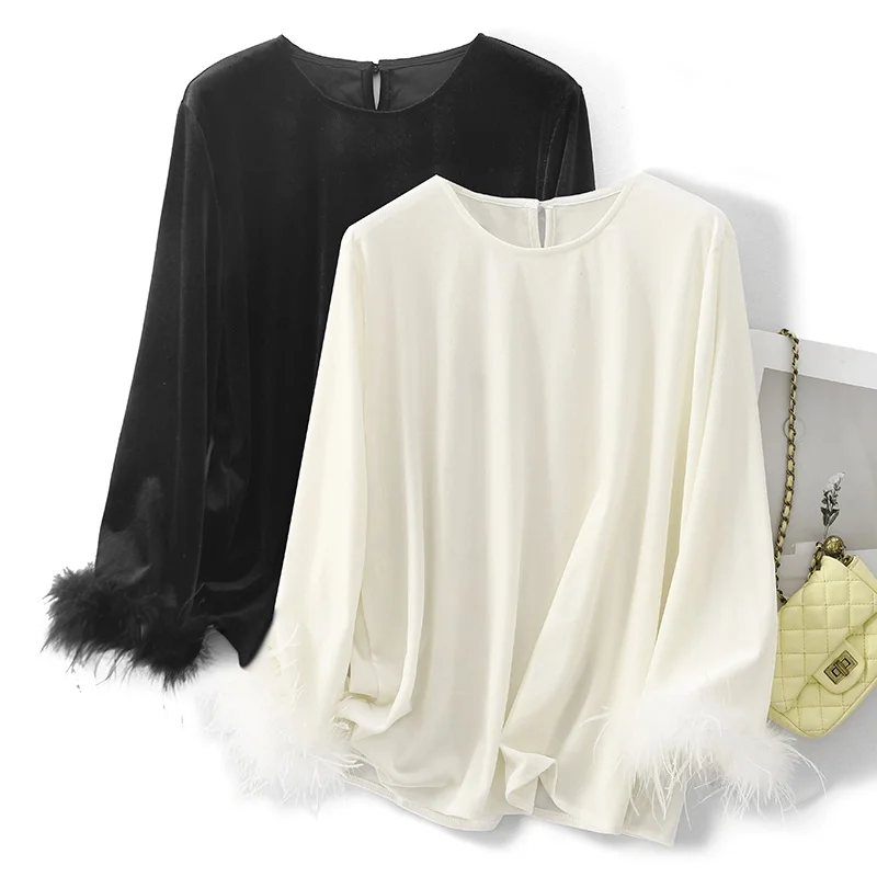 Novo chinês sle feminino veludo topo com pele do falso sves camada base irt desgaste interno solto ajuste longo sve redondo ne