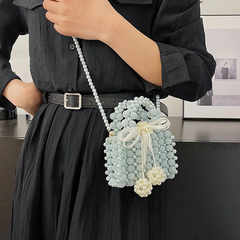 New Cute Ladies Crossbody Mini Square Bag Fashion Pearl Girl Handbag Simple Handmade Weaving Girls Shoulder Bag Car Stitching Cr