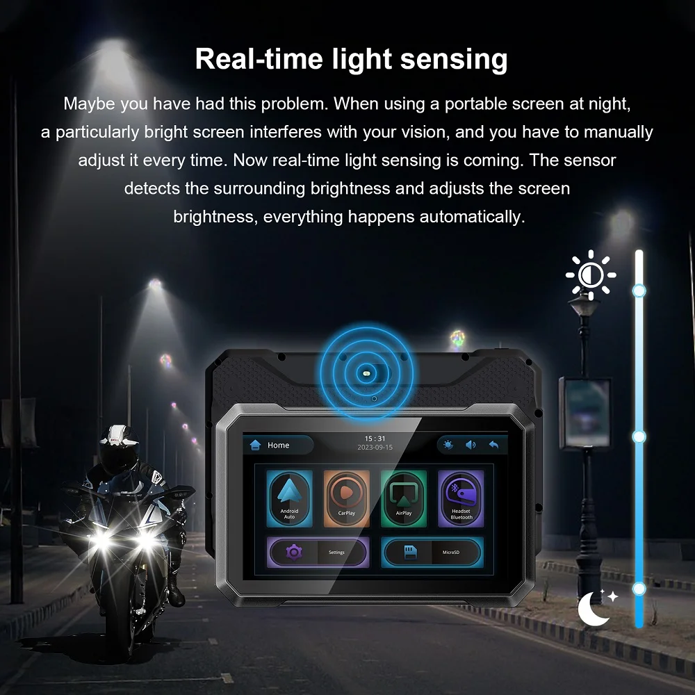 Motorcycle Wireless GPS Carplay 7 Inch IPS Touch Screen IPX7 Waterproof Car Navigation CarPlay and Android with Light Sensing