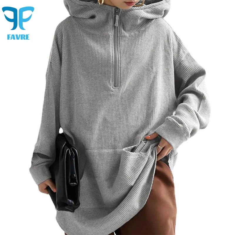 

FAVRE Half-zipper Solid Sweatshirts Loose Women Mid-length Hoodies Spring Autumn Casual Ins Stylish Japanese Oversize Pullovers