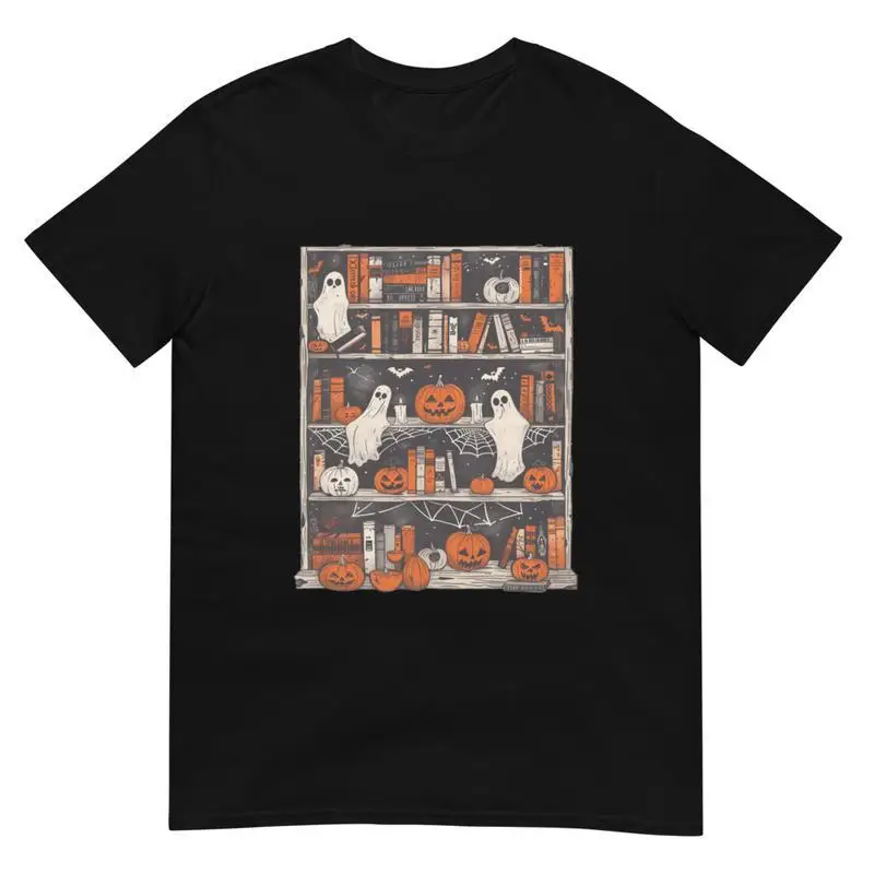 

Halloween Bookshelf T-Shirt Spooky Ghost Pumpkin Book Graphic Tee, Autumn Fall Season Gift for Book Lovers, Party Casual Top