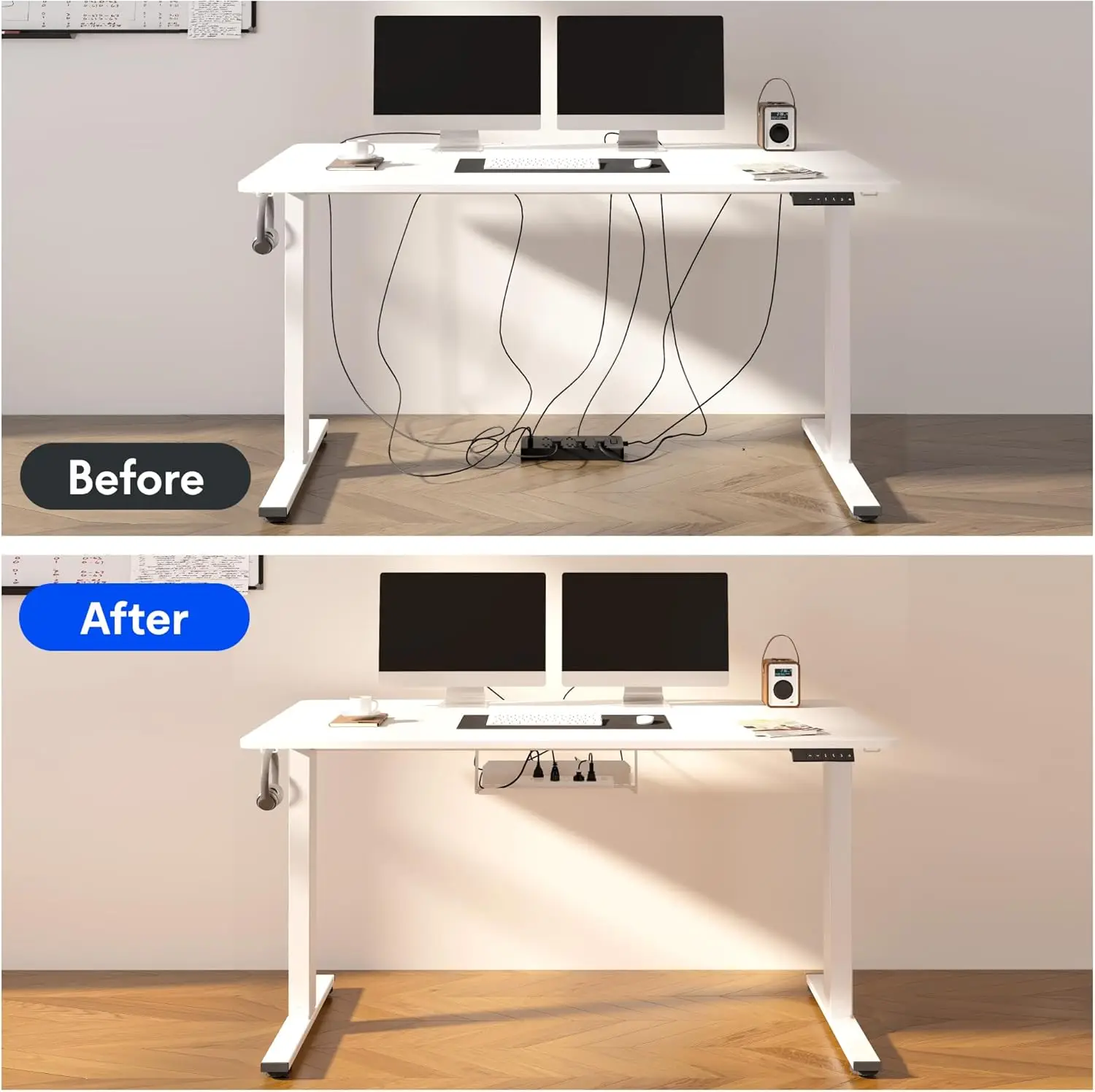 Mesa de pé EN2 de peça inteira com braçadeira Power Strip 60 x 24 Stand Up elétrico (quadro branco + mesa branca de 60" 2 pacotes)