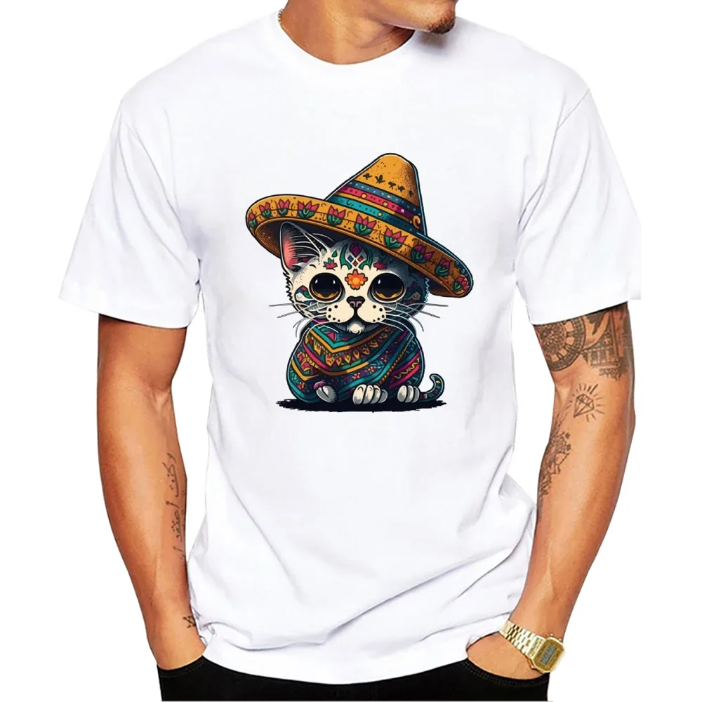 Streetwear meksika şeker kafatası kedi Sombrero baskı erkek tişört TEEHUB o-boyun kısa kollu erkek rahat erkekler giyim Vintage