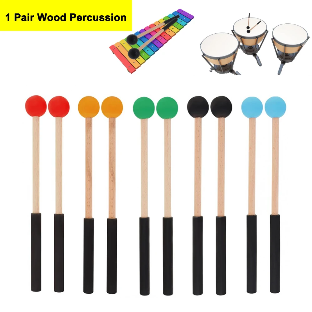 Mazos de percusión de madera, baquetas de tambor con cabeza de goma y mango para xilófono, Glockenspiel, Marimba, tambor de lengua de bloque de madera, 1 par