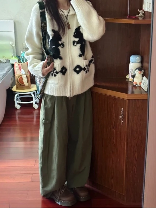 

Japanese Sle Squirrel Soft Thiened Zipper Collar Long Sve Knitted Cardigan Lazy Sle Autumn Winter Sweater Coat Regul...