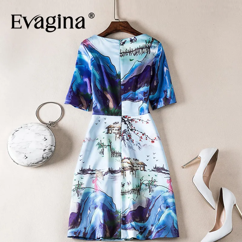 Evagina Fashion design Spring Summer Women's Short-Sleeved Ink wash Print Streetwear Blue S-XXL Mini Dresses