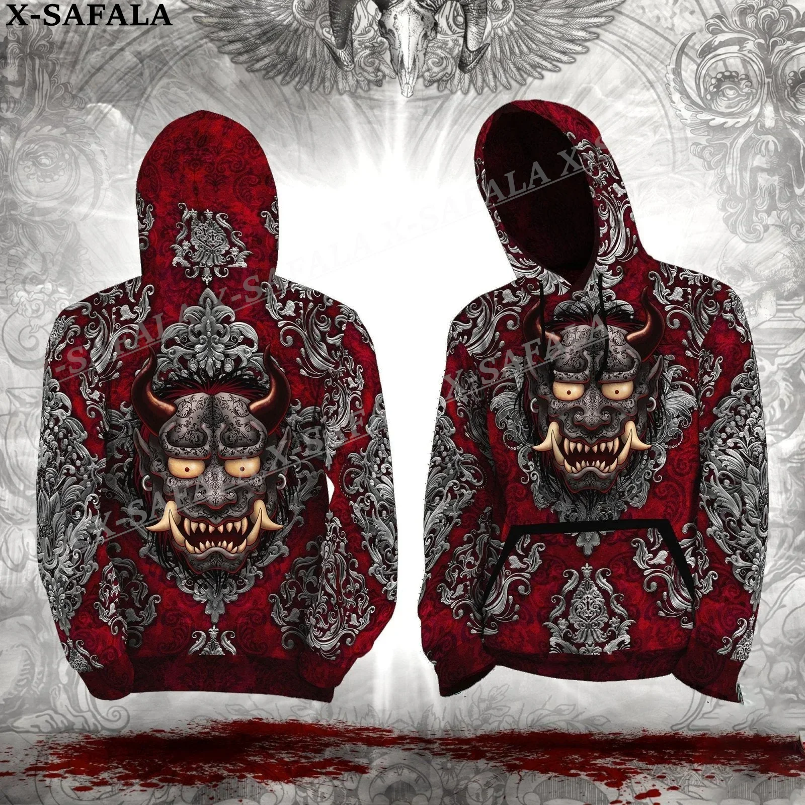 Oni Japanese Samurai Mask Tattoo 3D Print Zipper Hoodie Man Female Pullover Sweatshirt Hooded Jacket Jersey Coat Tracksuits-2